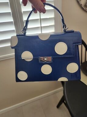 Melie Bianca Blue Polka Dot Top-Handle Bag with White Accents
